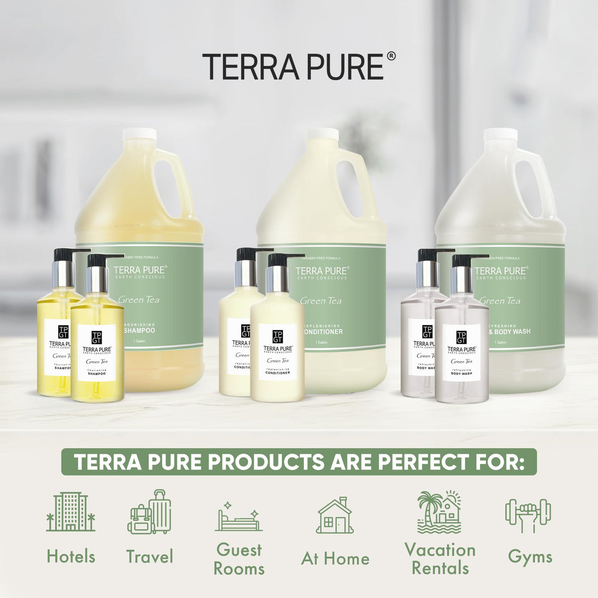 Terra Pure pump bottles display offering elegant guest-ready presentation