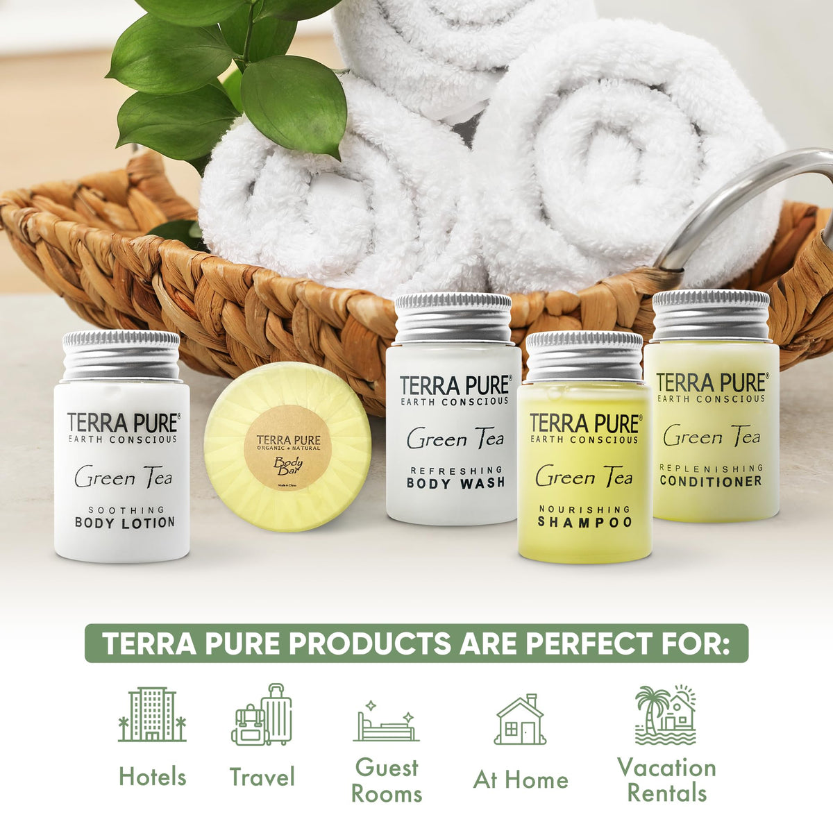 Terra Pure shampoo bottle close-up showing label and easy-use cap for guest convenience