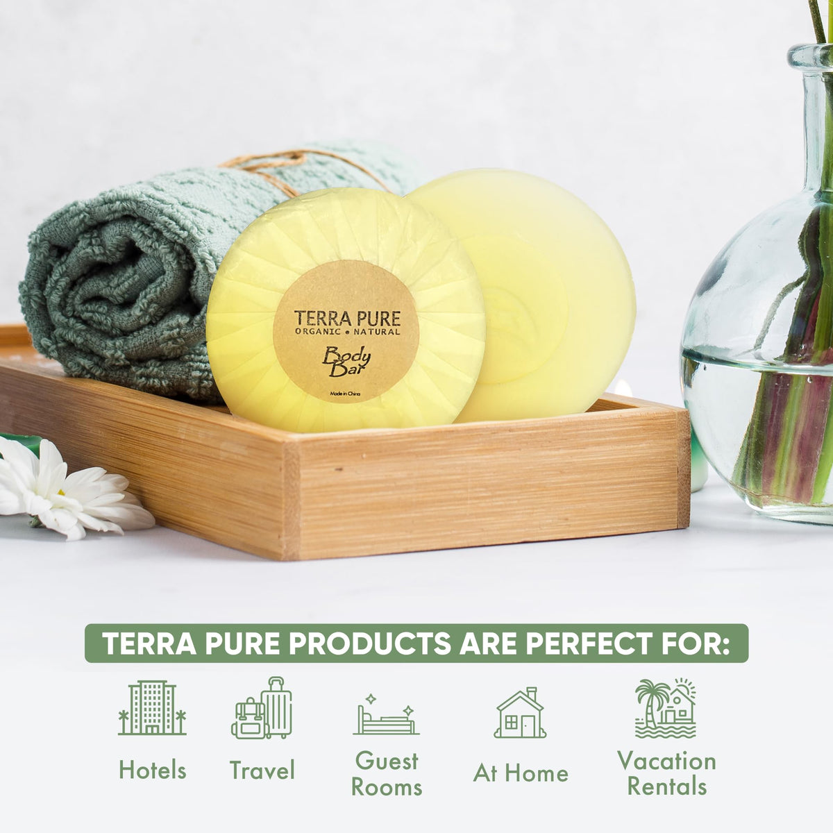 Terra Pure pleat-wrapped travel bar close-up showing hygienic single-use packaging for quick turnover