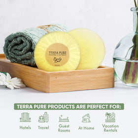 Terra Pure pleat-wrapped travel bar close-up showing hygienic single-use packaging for quick turnover