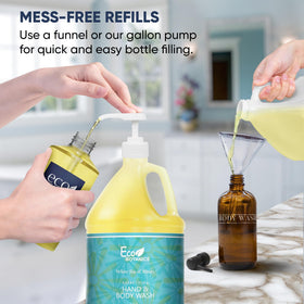 Terra Pure gallon beside pump bottle showing scale and refill efficiency