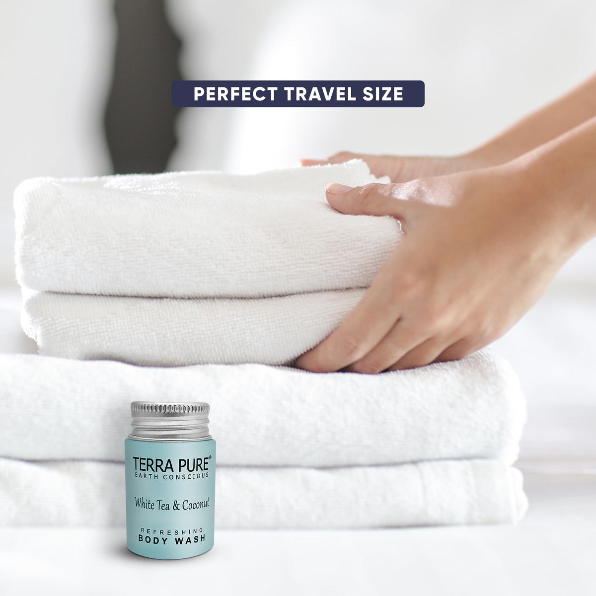 Terra Pure bottle in hand for scale conveying 1 oz travel convenience
