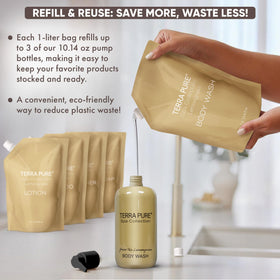 Terra Pure creamy suds on a hand from dispenser showing gentle texture