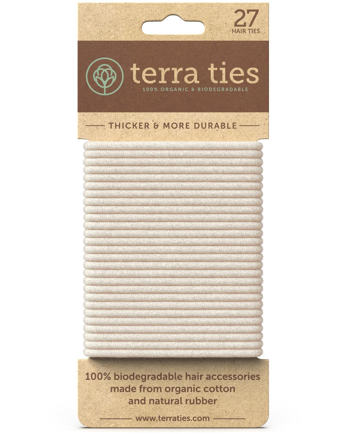 Terra Ties front packaging showing blonde bands and sustainable message benefit