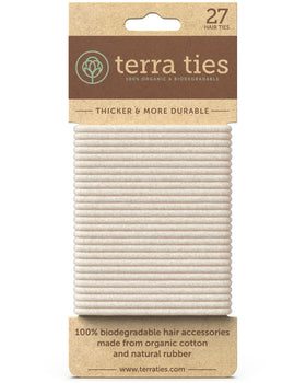 Terra Ties front packaging showing blonde bands and sustainable message benefit