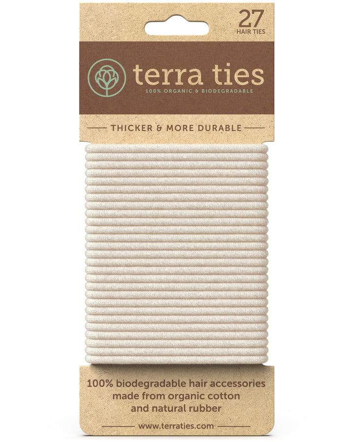 Terra Ties front packaging showing blonde bands and sustainable message benefit
