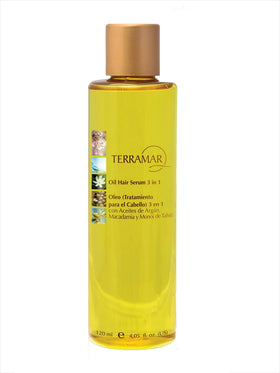 Terramar Óleo ingredients spread with argan macadamia and Monoi highlighting nourishing benefits