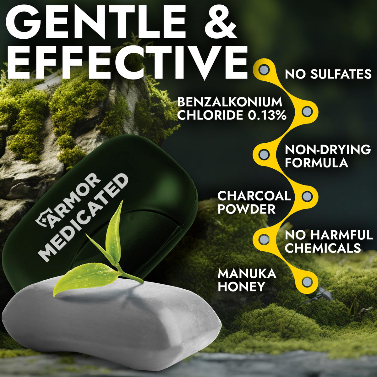 Terramed Just Think Comfort ingredients display of manuka honey and charcoal, highlights purifying advantage