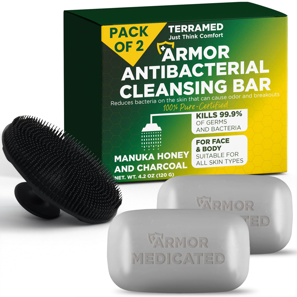 Terramed Just Think Comfort front packaging showing two bars and scrubber benefit hygiene