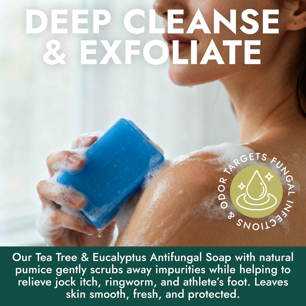 Terramed Just Think Comfort in gym shower setting, conveys post-workout odor control benefit