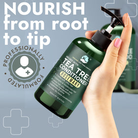 Terramed Just Think Comfort set on bathroom shelf, suggests daily herbal scalp routine