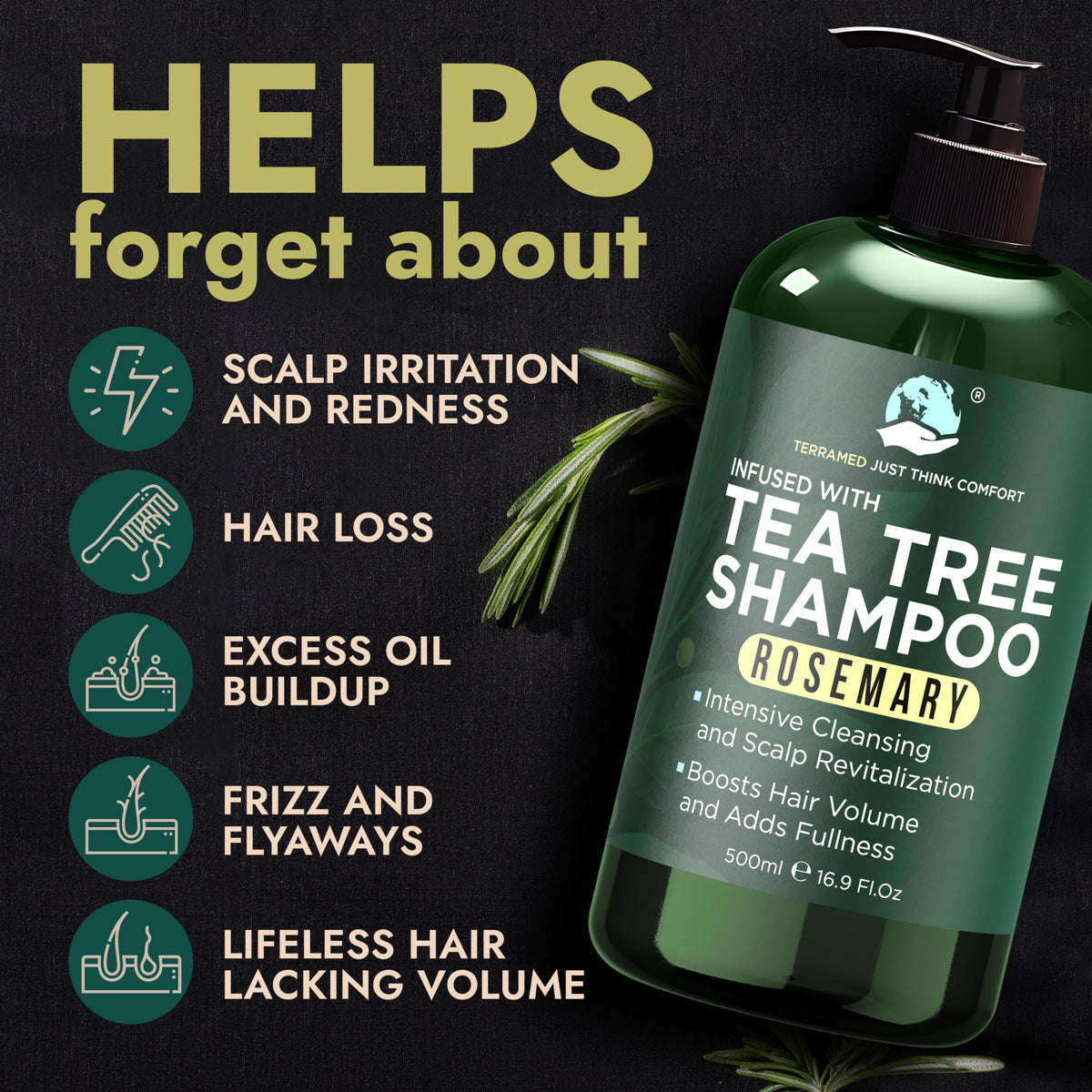 Terramed Just Think Comfort pump dispensing creamy shampoo texture, shows gentle lather