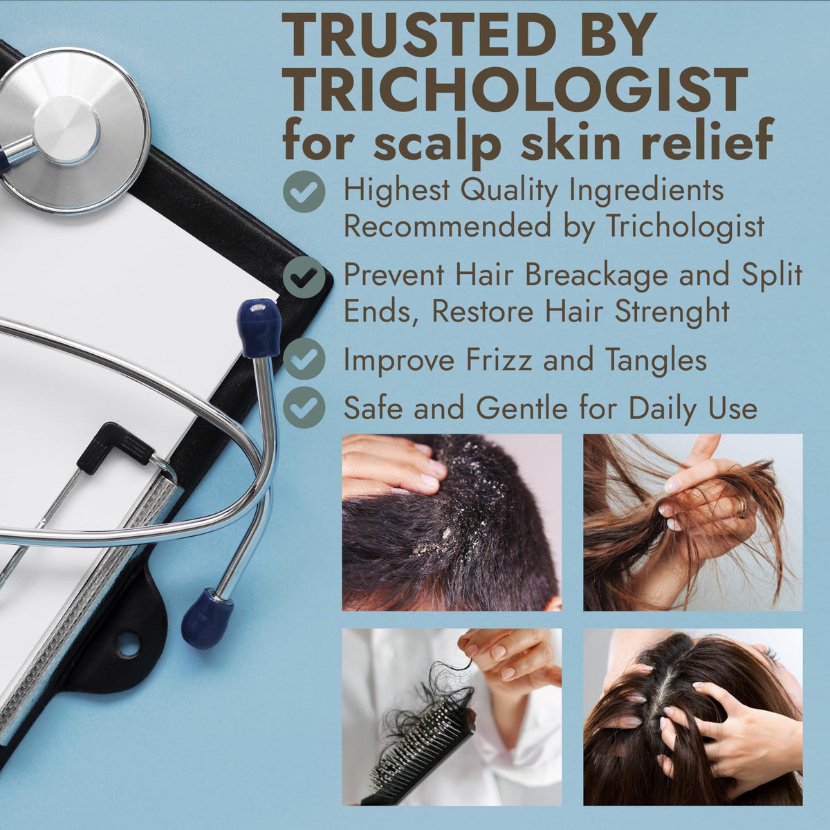 Terramed Just Think Comfort scalp brush in hand, illustrates easy flake removal and massage