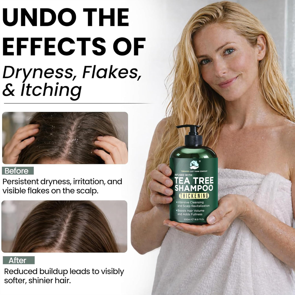 Terramed Just Think Comfort shampoo texture closeup demonstrating gentle lather