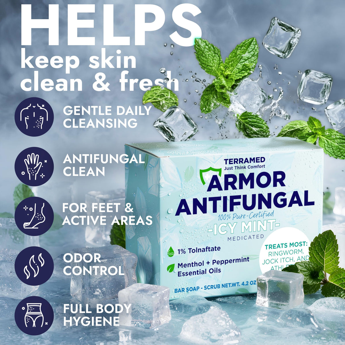 Terramed Just Think Comfort soap bar close-up texture showing smooth finish and exfoliating feel for cleansing