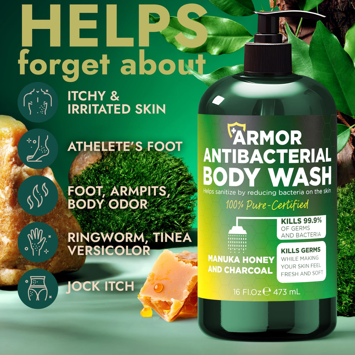 Terramed Just Think Comfort label close-up highlighting manuka honey and charcoal benefits