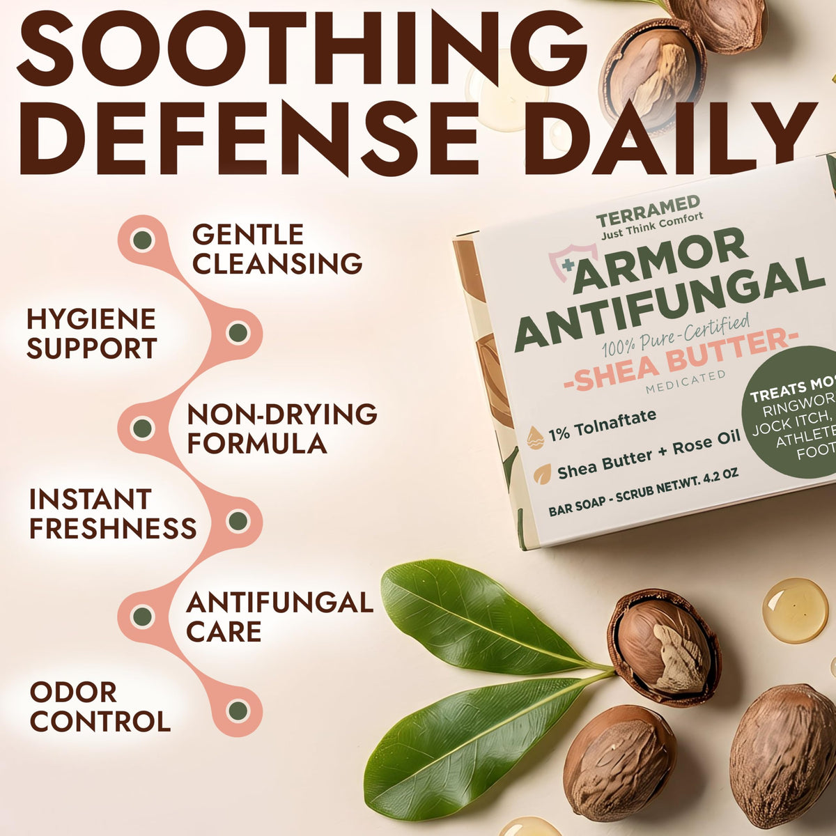 Terramed Just Think Comfort label detail showing Tolnaftate 1% for targeted antifungal support