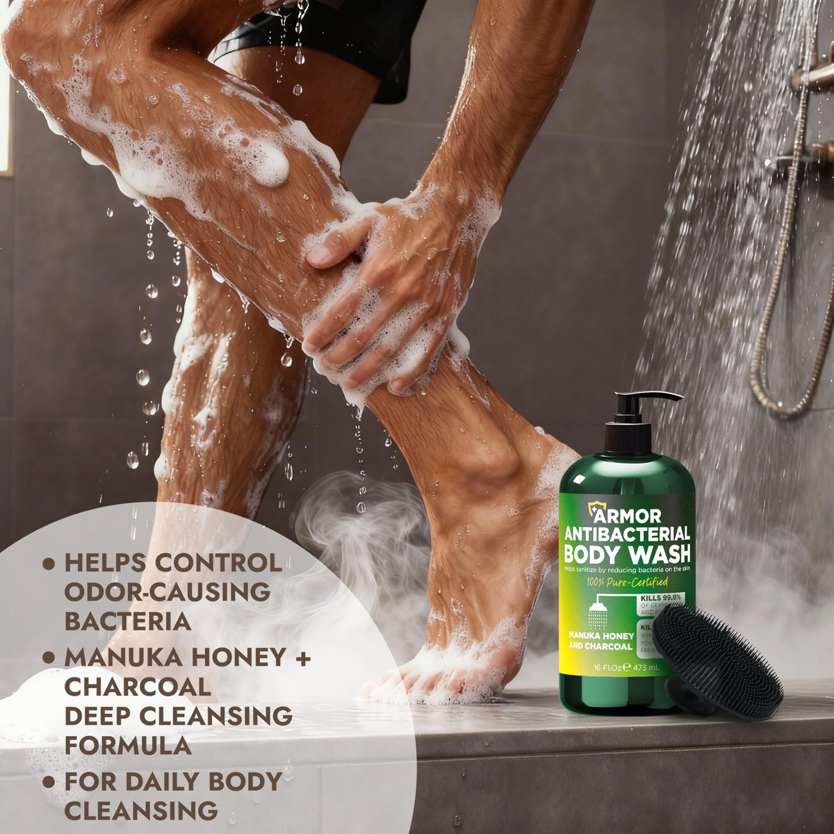 Terramed Just Think Comfort in a shower lifestyle scene showing fresh, clean skin