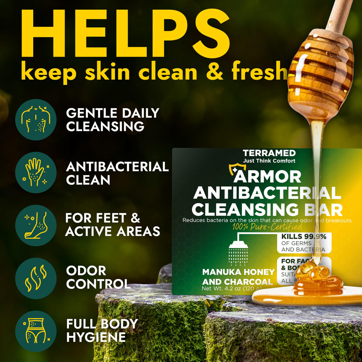 Terramed bar close-up texture highlighting manuka honey and charcoal for deep cleansing