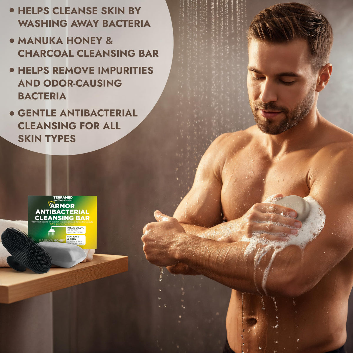 Terramed Just Think Comfort packaging label close-up, highlights germ-kill and ingredient information