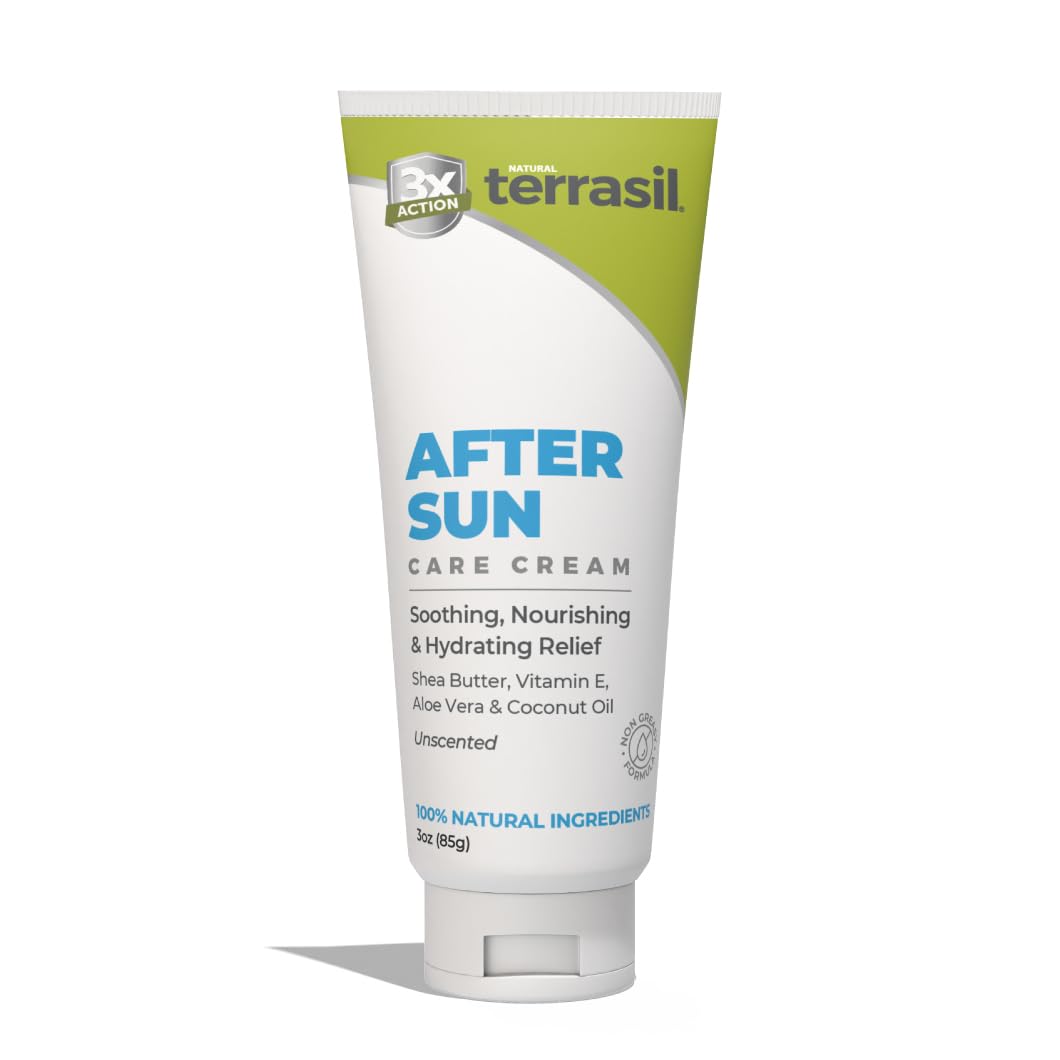 terrasil front packaging showing soothing after sun lotion and compact size benefit