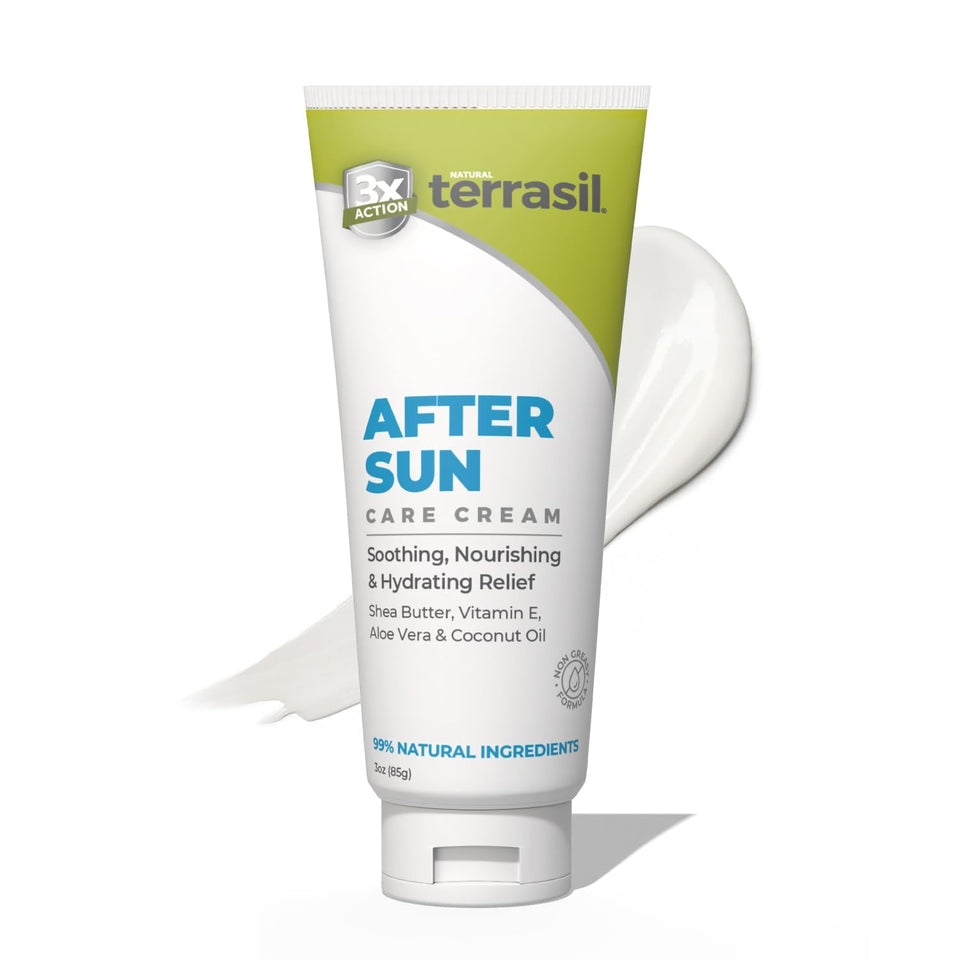 terrasil front packaging shows calming after-sun lotion for quick relief