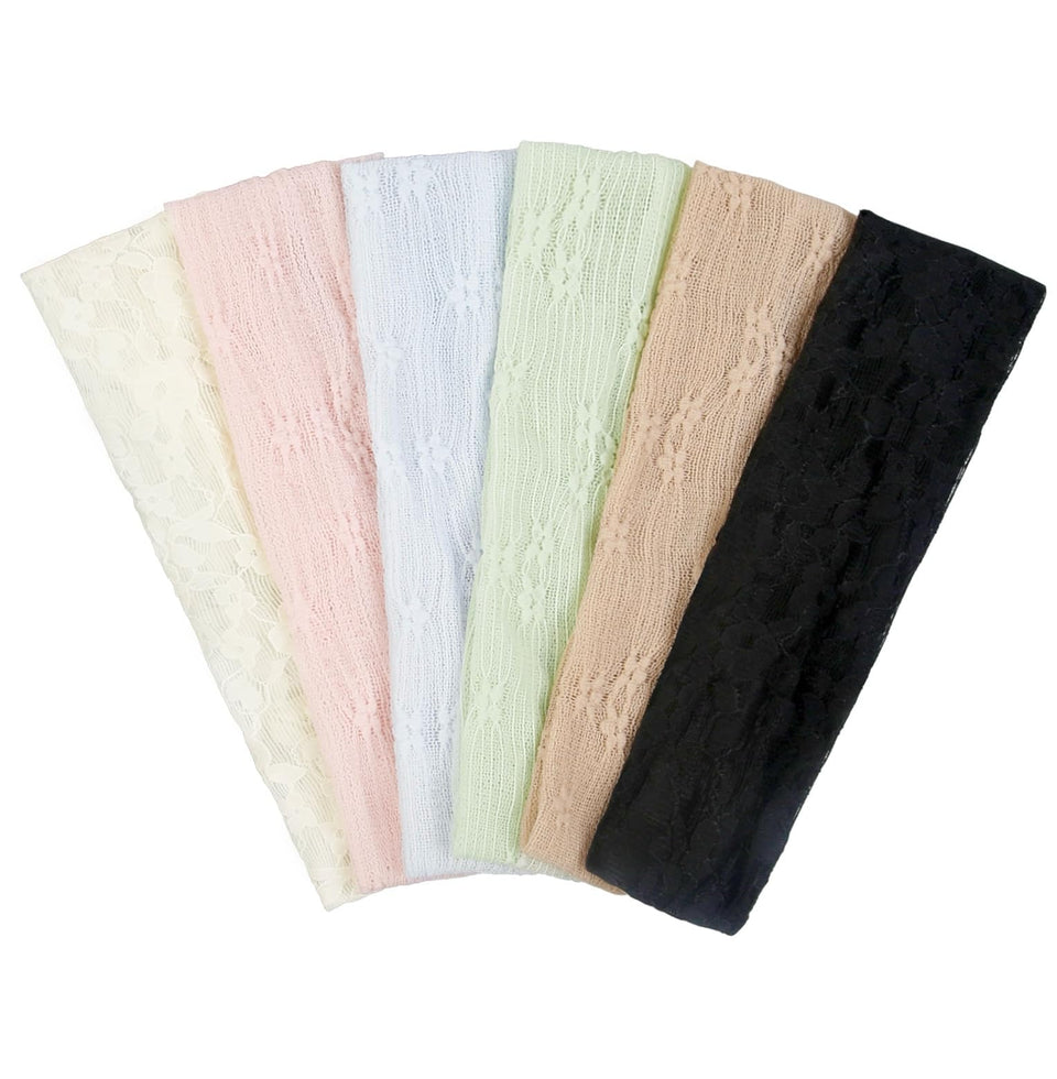 TERSE front view of six lace headbands showing colors and packaging, easy outfit matching