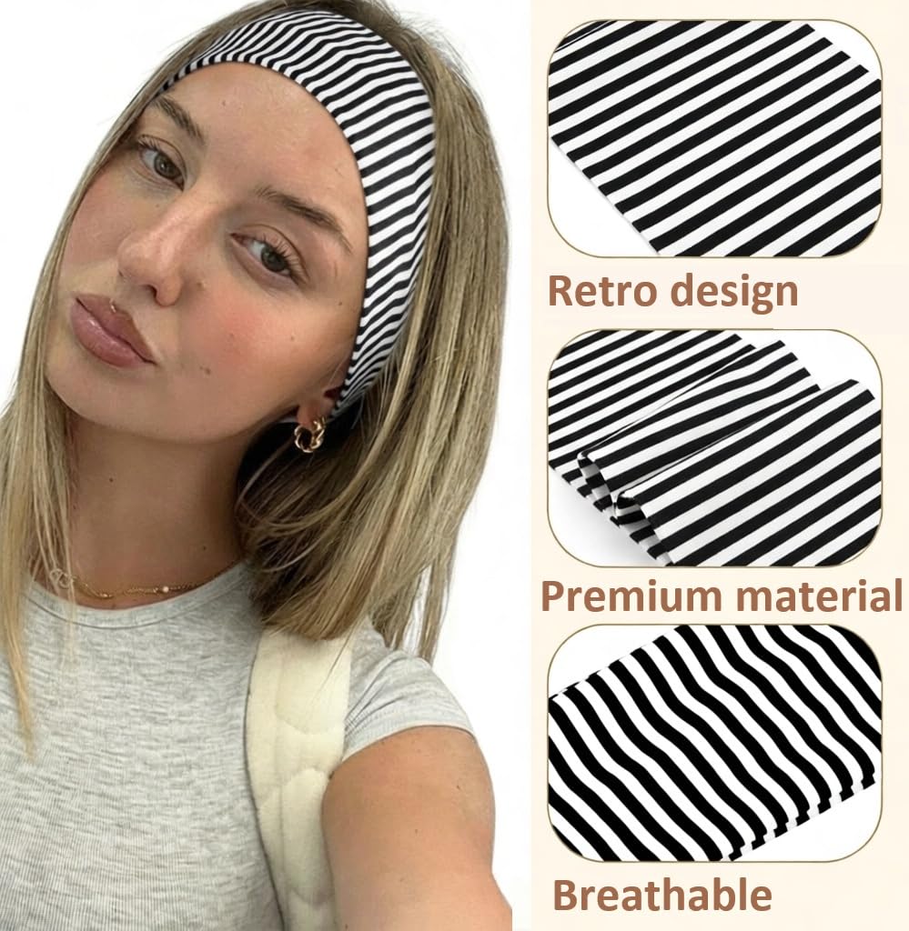 TERSE model wearing a striped headband demonstrating secure, stylish fit