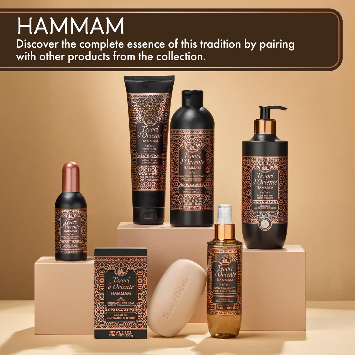 Tesori d'Oriente bottle staged in bathroom promoting ritualistic daily use