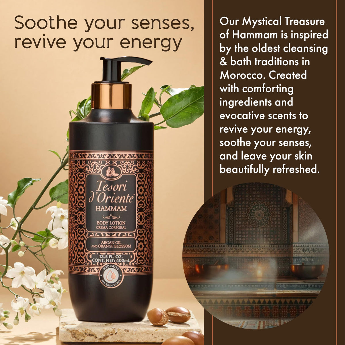 Tesori d'Oriente bottle in hand showing 13.5 fl oz scale and portability