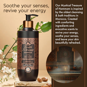 Tesori d'Oriente bottle in hand showing 13.5 fl oz scale and portability