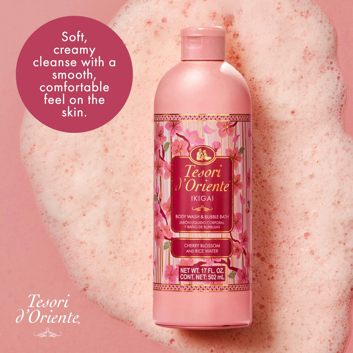 Tesori d'Oriente bottle staged in bathtub scene illustrating relaxing bath ritual benefit