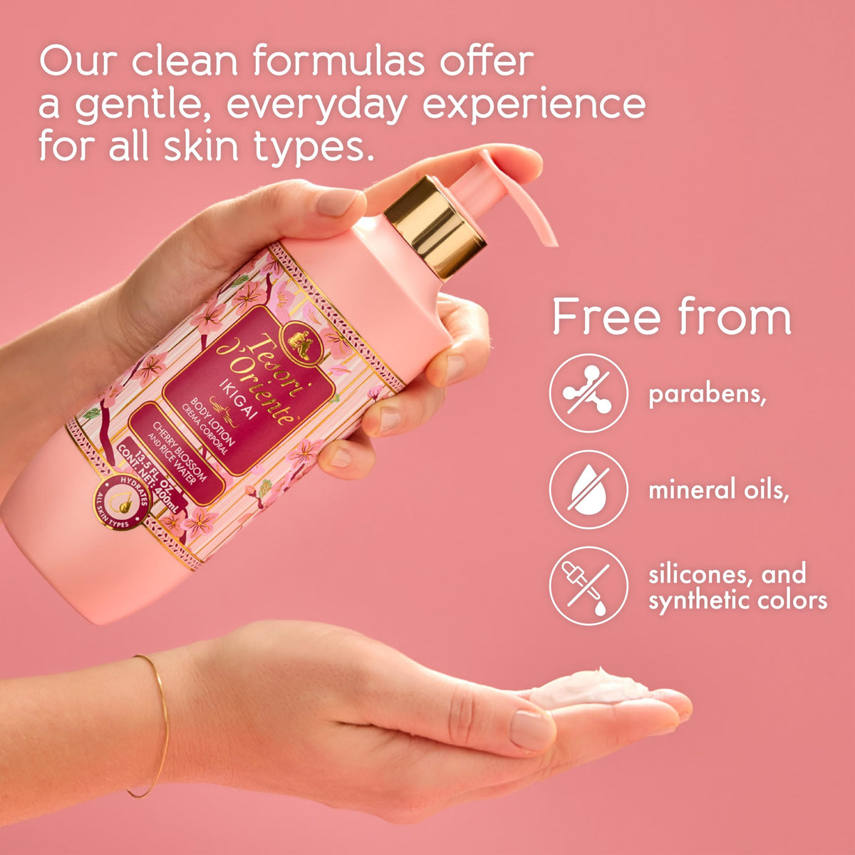 Tesori d'Oriente cream texture spread on skin, lightweight hydration without greasiness benefit