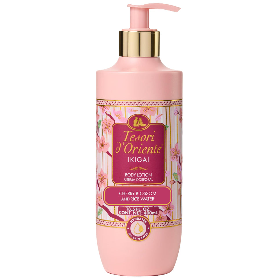Tesori d'Oriente front packaging showing bottle and cherry blossom scent, evokes calm