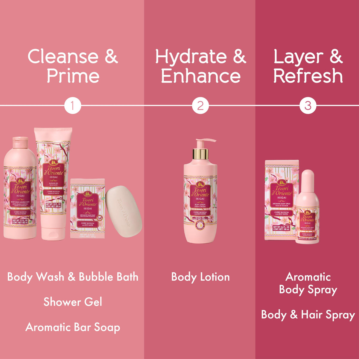 Tesori d'Oriente label close-up highlighting rice water and vitamins for soothing benefit