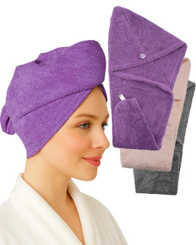Textila front view pack of three turbans showing plum pink and grey and quick drying