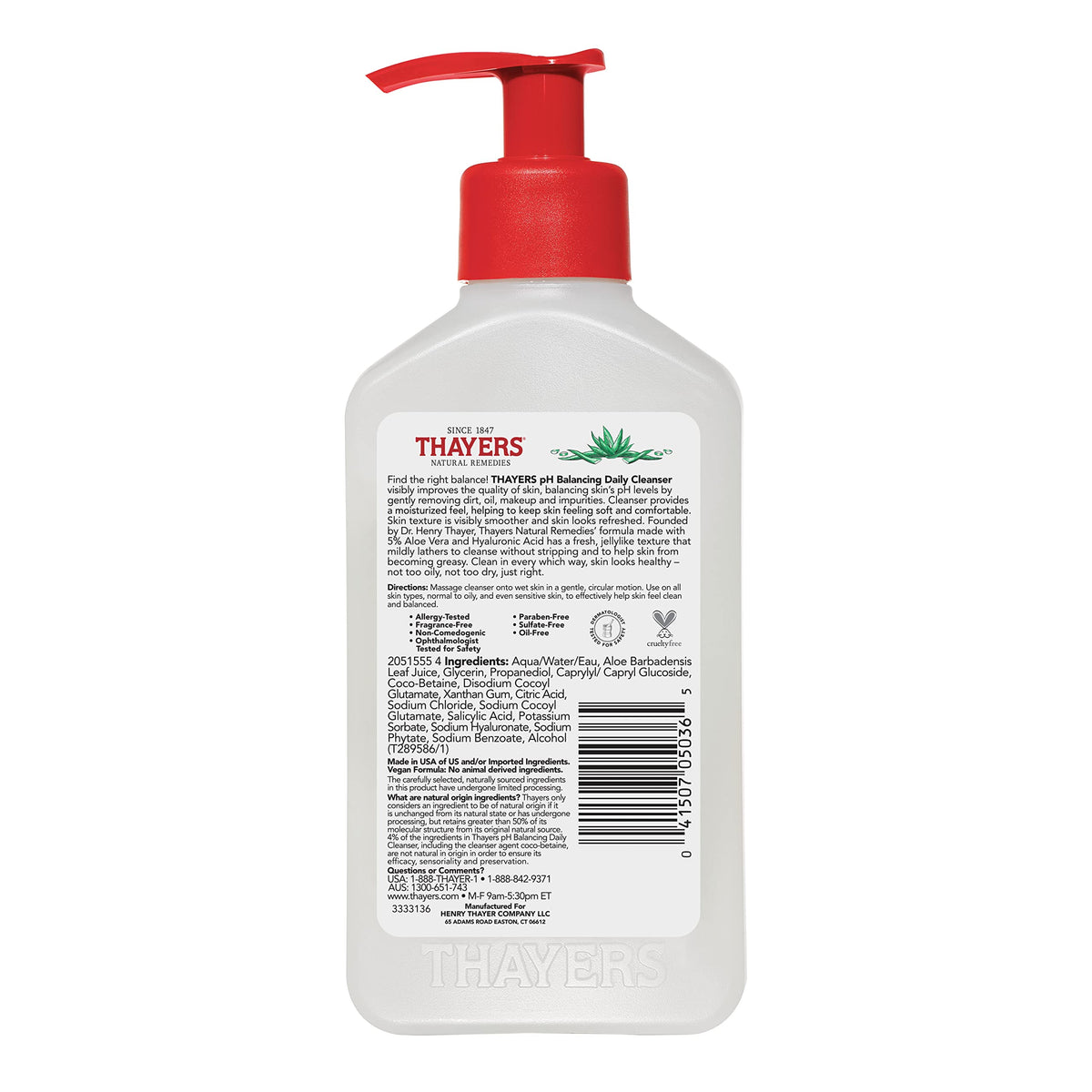 THAYERS ingredients label showing aloe vera and sodium hyaluronate benefits
