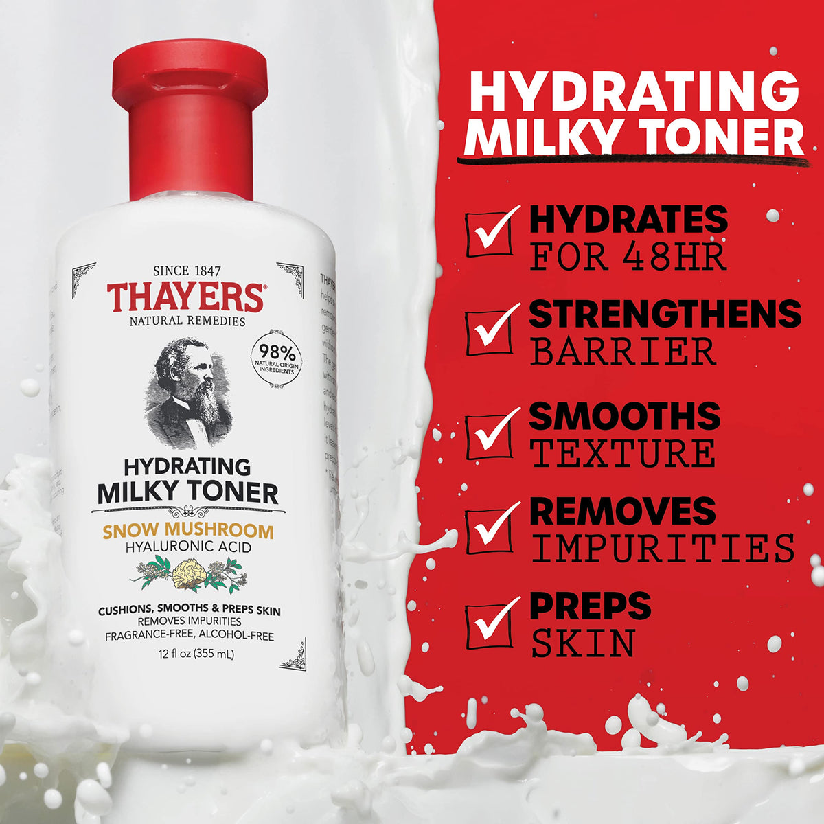 THAYERS label close-up highlighting snow mushroom and hyaluronic acid benefits