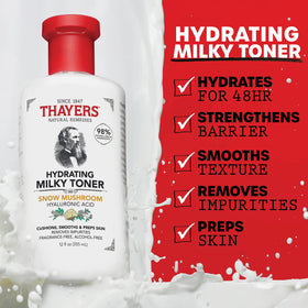 THAYERS label close-up highlighting snow mushroom and hyaluronic acid benefits