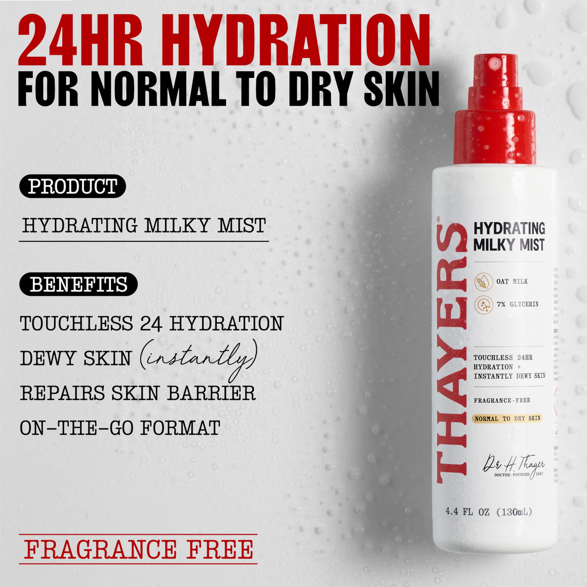 THAYERS mist spraying over skin demonstrating touchless hydration for quick refresh