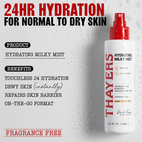 THAYERS mist spraying over skin demonstrating touchless hydration for quick refresh