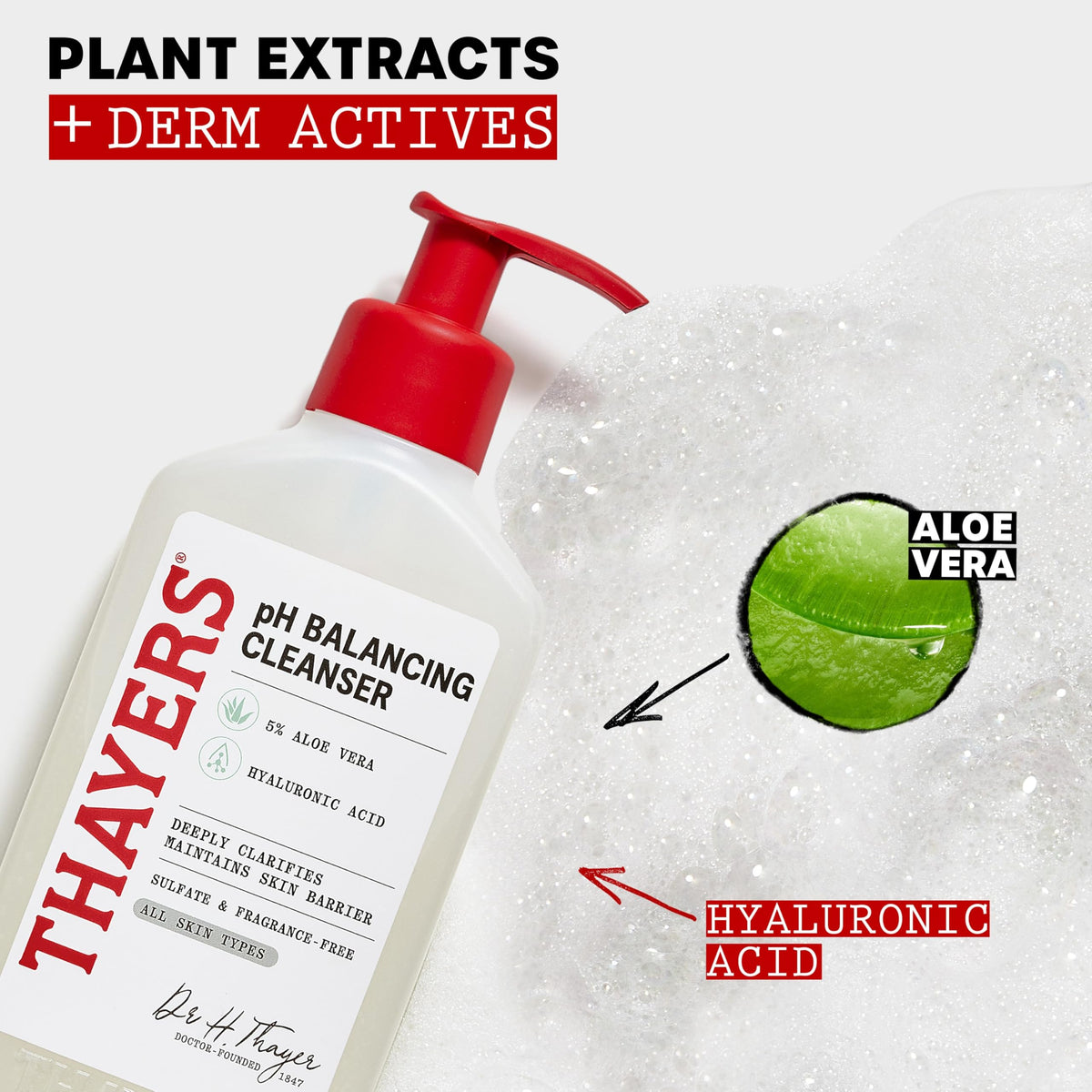 THAYERS pump dispensing the cleanser for easy controlled application