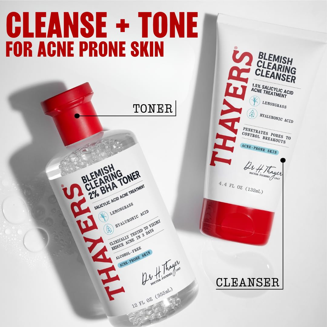 Thayers toner bottle on bathroom counter, everyday routine and clarity benefit