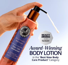 The Ayurveda Experience Blavana pump and label detail highlighting ease of use and precise dispensing