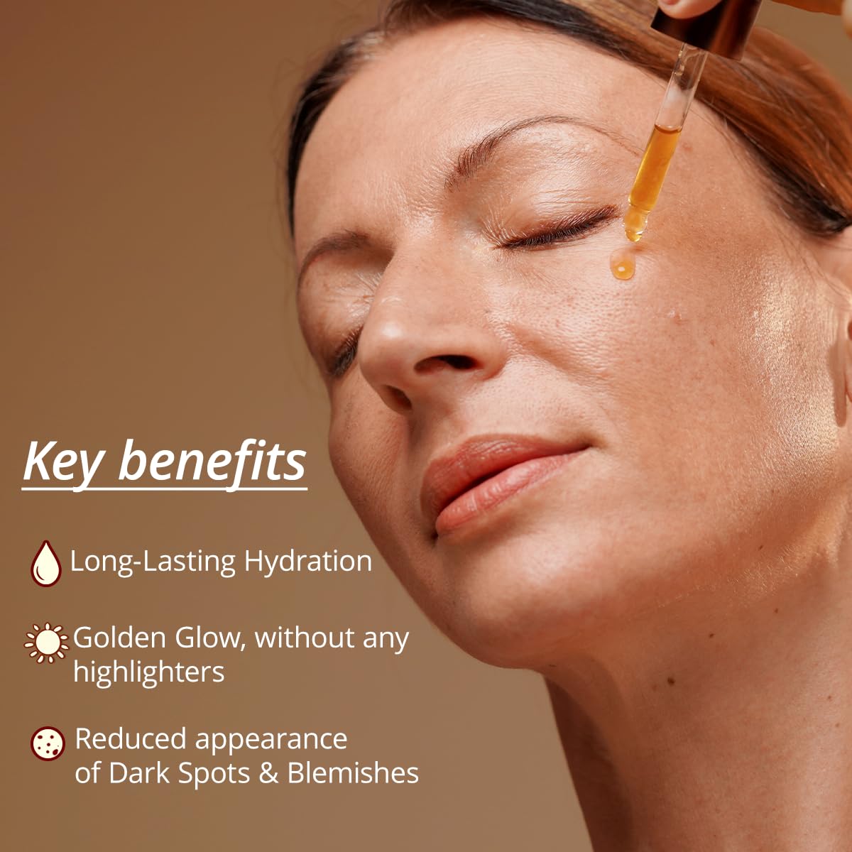 The Ayurveda Experience serum texture swatch showing lightweight, dewy finish benefit