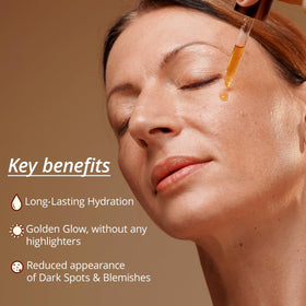 The Ayurveda Experience serum texture swatch showing lightweight, dewy finish benefit