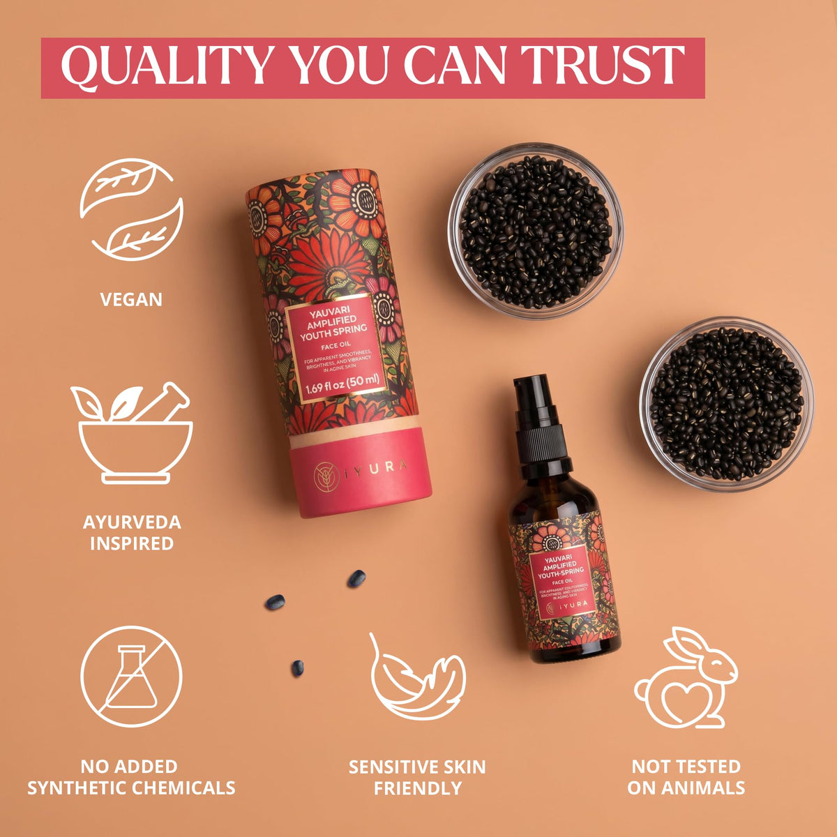The Ayurveda Experience Yauvari ingredients flatlay with black gram and turmeric for nutrient benefits