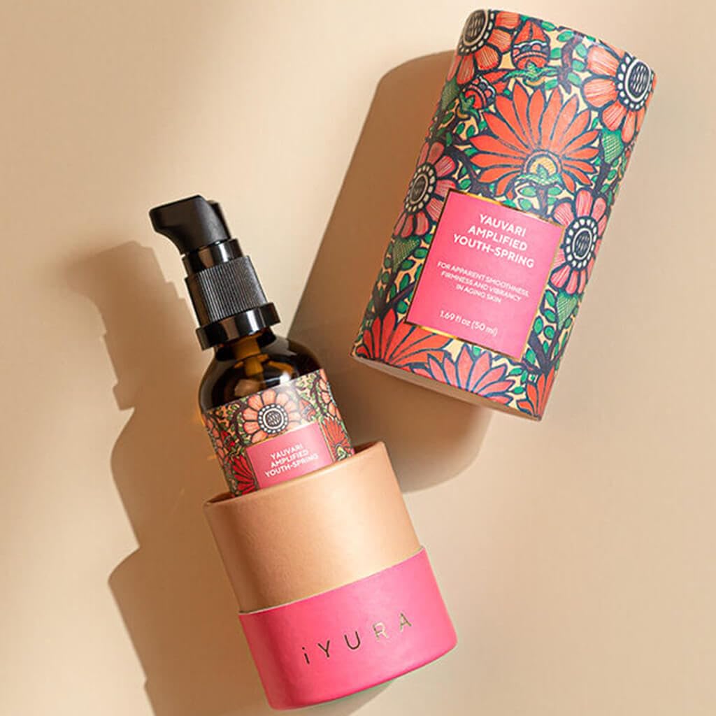 The Ayurveda Experience Yauvari placed on bathroom shelf in lifestyle shot conveying daily ritual benefits