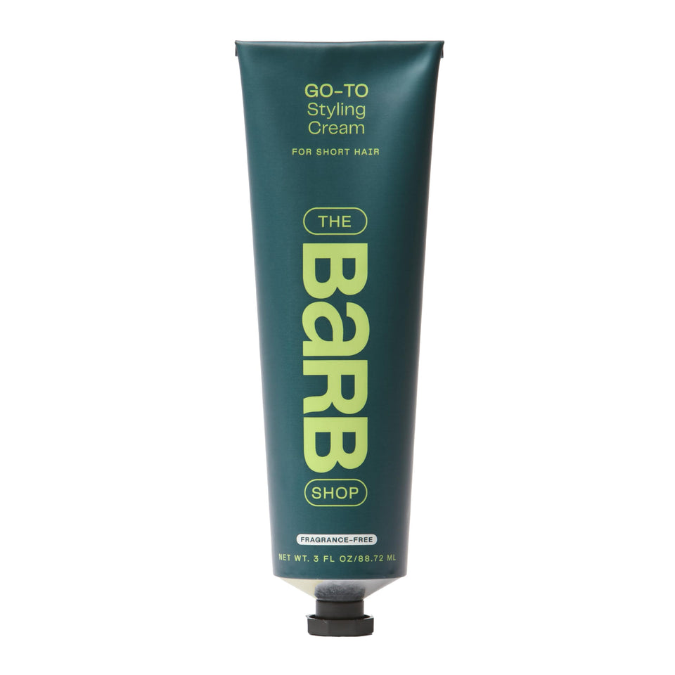 The Barb Shop front packaging showing sleek jar and clear branding benefit: recognizable styling cream