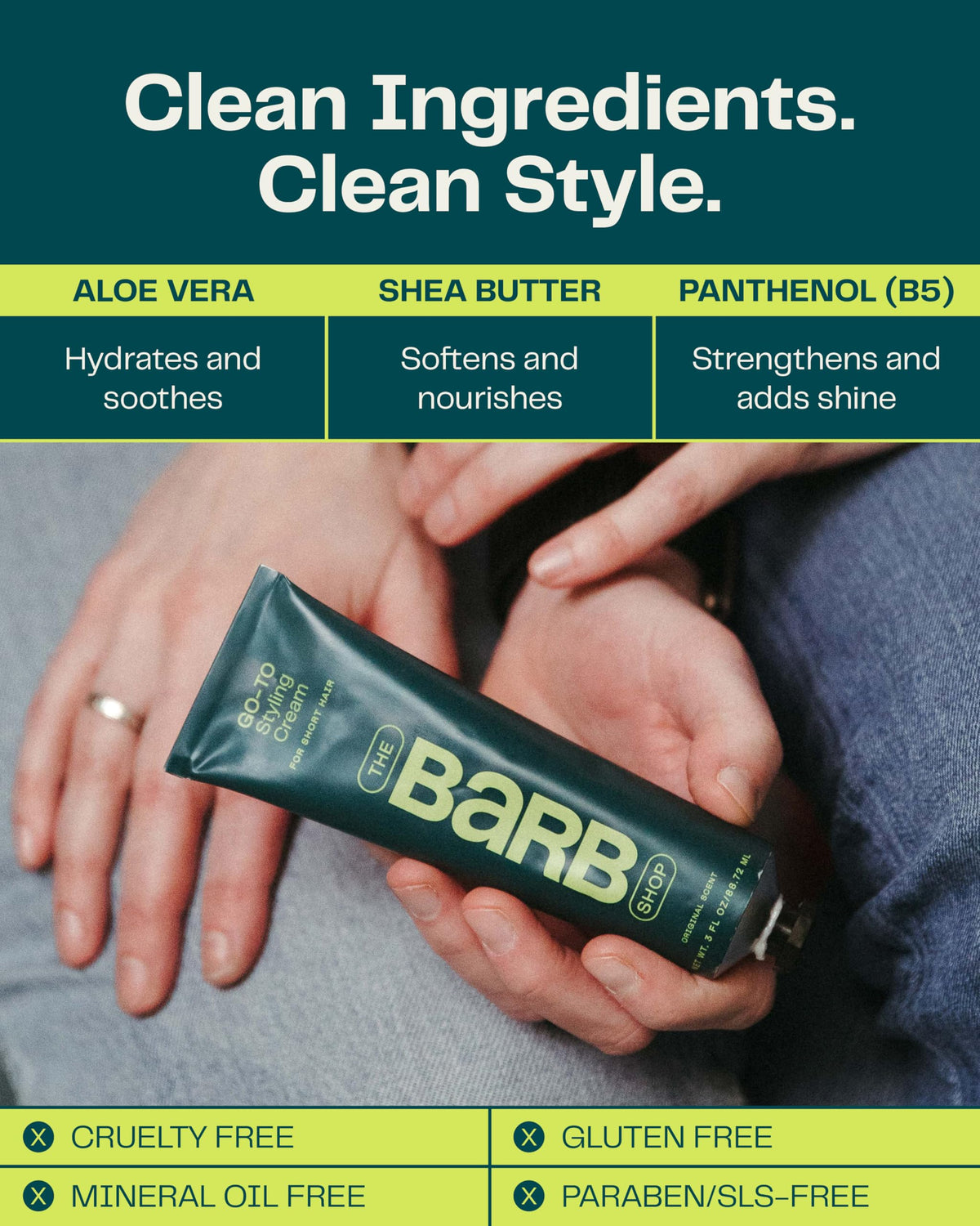 The Barb Shop label close-up highlighting fragrance-free claim and ingredient clarity benefit